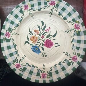 Hand-Painted Floral Ceramic Plate with Green Checkered Design